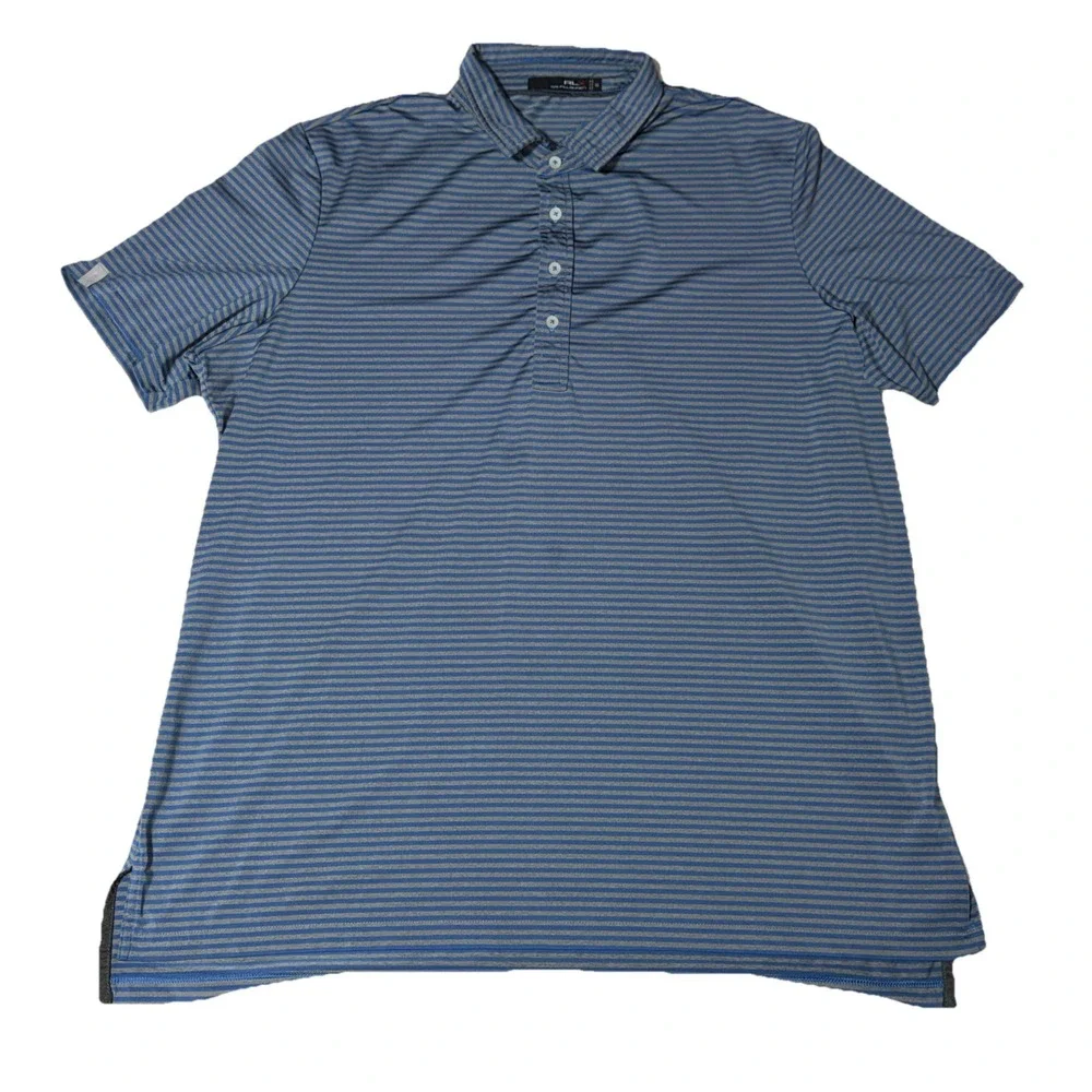 RLX Ralph Lauren Polo Shirt Mens 2XL Blue Striped Performance Golf Prep Stretchy